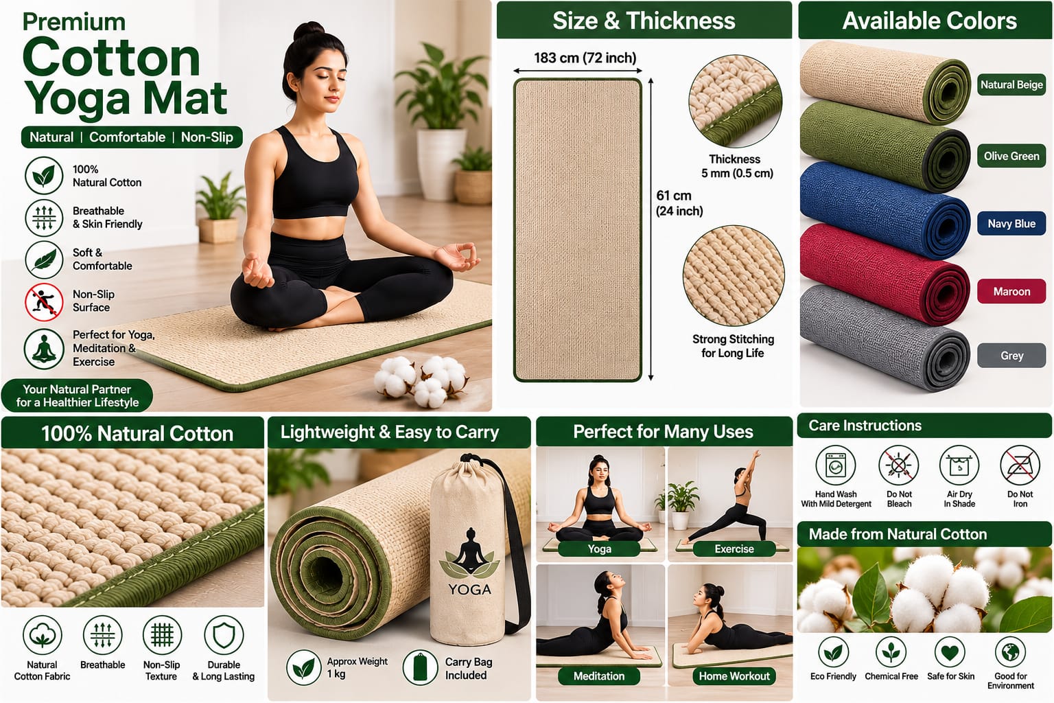 premium cotton yoga mat for daily yoga practice 2X6 feet - Image 2